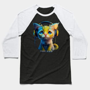 Cute kitty with headphones on Baseball T-Shirt